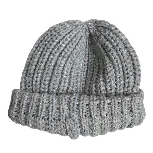 Chunky Knit Ribbed Beanie Hat Silver Metallic Festive Winter Hygge Cozy OSFM - Picture 1 of 6